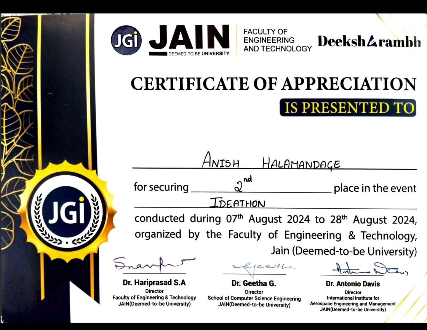 Certificate of Appreciation — 2nd place at Ideathon, Jain (Deemed-to-be University), awarded to Anish Halamandage
