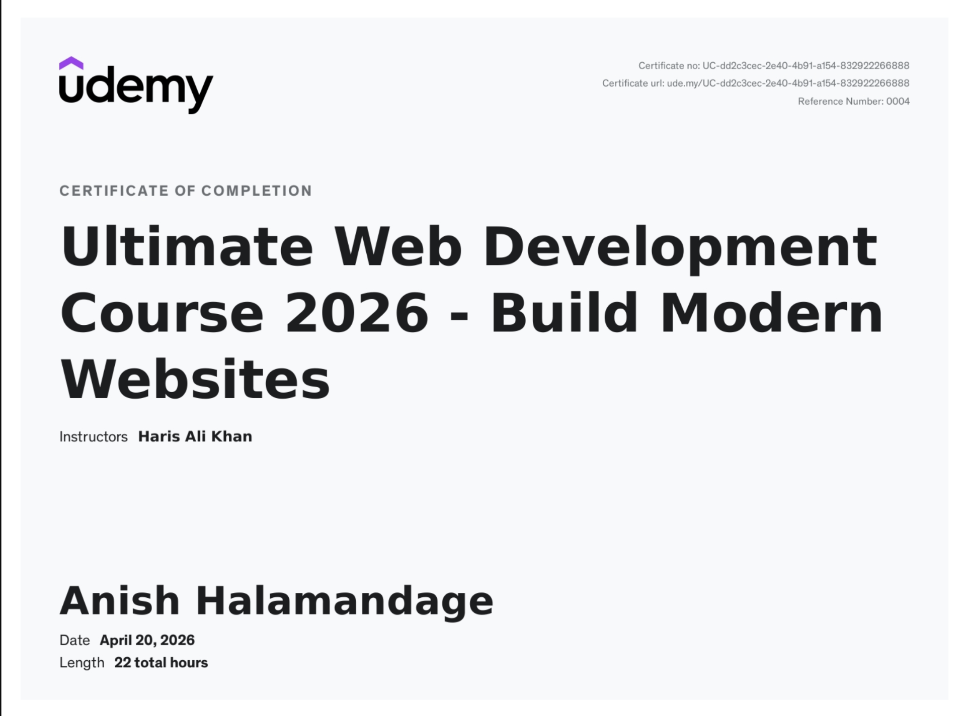 Udemy certificate of completion — Ultimate Web Development Course 2026 awarded to Anish Halamandage